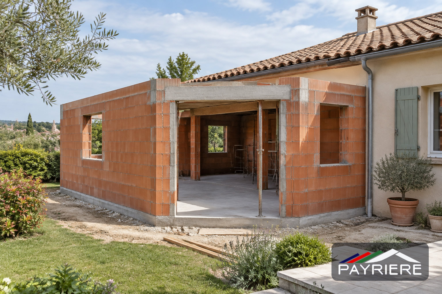 Extension en briques en cours de construction, avec dalle et ouverture, attenante à une maison du Sud-Ouest.